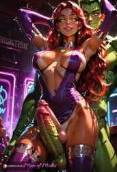 ai_generated armpits balls bangs beast_boy beast_boy_(teen_titans) blush cleavage club couple couple_(romantic) dancing dickgirl erect_nipples erect_penis futanari glowing_eyes green_eyes green_eyeshadow intersex large_breasts larger_male makeup male male_on_futa manofmidas navel_piercing necklace nightclub nipples_visible_through_clothing penises_touching purple_dress red_hair revealing_dress sideboob sitting_on_penis sleeves starfire starfire_(teen_titans) tanlines teen_titans thigh_highs