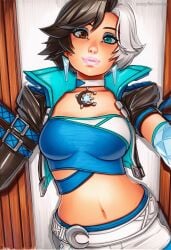 2025 ai_generated artist_name breasts brown_hair cleavage crazyfishbones female gloves large_breasts luna_snow midriff navel short_hair solo