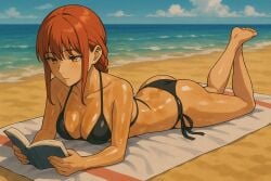 ai_generated beach beach_towel book chainsaw_man clouds feet feet_up film_grain holding holding_book makima_(chainsaw_man) ocean oiled oiled_skin red_eyes red_hair sand the_pose water