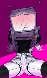 blush deltarune long_nose maid_uniform male male_only nervous_smile non-human penis_plug robot robot_boy screen_face simple_background sitting tenna_(deltarune) tv_head