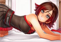 2025 ai_generated artist_name blue_eyes breasts crazyfishbones female looking_at_viewer multicolored_hair red_hair ruby_rose short_hair solo streaked_hair two-tone_hair