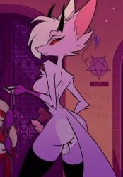 2025 anthro ass background_character backsack big_breasts canine countershade_butt countershading erect_penis frown furry futanari hair_between_eyes hazbin_hotel hellhound holding_bra holding_clothing horns long_hair long_snout long_tail lowres naked_thighhighs nude pink_nipples purple_hound_lady_(hazbin_hotel) red_eyes screencap screenshot_edit skinny_waist white_fur wristwear