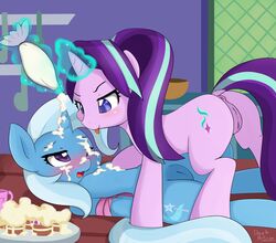 2017 anus blush cupcake cutie_mark darkpotzm duo equine eye_contact female feral food friendship_is_magic horn inside kitchen magic mammal multicolored_hair my_little_pony pussy starlight_glimmer trixie_(mlp) two_tone_hair unicorn