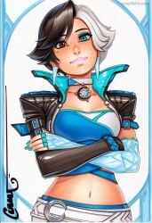 2025 ai_generated artist_name black_hair breasts cleavage crazyfishbones female gloves looking_at_viewer luna_snow midriff navel short_hair solo