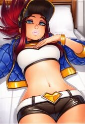 2025 ai_generated akali artist_name blue_eyes breasts crazyfishbones female jacket lying midriff navel on_back shorts solo