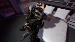 16:9 3d_(artwork) alien armor bed claws digital_media_(artwork) duo erection furniture genitals halo_(series) holding_partner human male male/male mammal master_chief microsoft nude penis sangheili sitting size_difference typoking1107 widescreen xbox_game_studios
