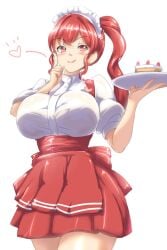 1girls 2025 anna_(fire_emblem) big_breasts blush breasts cake carrying_object digital_media_(artwork) dress female female_only fire_emblem fire_emblem:_three_houses heart holding_plate large_breasts maid maid_headdress maid_outfit maid_uniform no_visible_genitalia ponytail red_eyes red_hair server side_ponytail skirt solo solo_female waitress white_background yanmarson