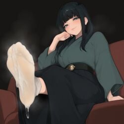 ai_generated bangs belt black_hair black_skirt blunt_bangs couch cum cum_on_feet femdom foot_fetish green_eyes green_kimono humiliation long_skirt long_sleeves looking_at_viewer looking_down mayyreel offering offering_to_viewer sitting skirt smell smile smirk socks steam villainess white_socks