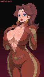 alternate_costume cleavage earrings exposed_chest eyeliner hi_res lipstick makeup mario_kart_world nintendo pauline pauline_(aero) pinup ponytail racing_suit spottyartslewd super_mario_bros. uncensored undressing