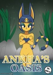 animal_crossing ankha_(animal_crossing) anthro bedroom_eyes big_breasts black_nose blue_hair breasts clothing comic convenient_censorship cover cover_art cover_page covering covering_breasts covering_crotch covering_self digital_media_(artwork) domestic_cat egyptian felid feline felis female hair half-closed_eyes hi_res jewelry looking_at_viewer luckster1234 mammal markings narrowed_eyes navel nintendo nude outside plant rock seductive skinny_dipping solo sparkling_background springs stripes tail tail_markings text_censor water yellow_body