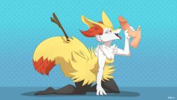 16:9 2020 anthro big_ears big_tail black_body black_fur blue_background braixen breasts canid canine cheek_tuft digitigrade dipstick_tail disembodied_penis dotted_background duo facial_tuft fangs female fingers fluffy fluffy_tail fur generation_6_pokemon genitals hi_res holding_penis human human_on_anthro imminent_oral inner_ear_fluff interspecies male male/female mammal markings multicolored_body multicolored_fur nintendo nude open_mouth pattern_background penis pink_nose pokemon pokemon_(species) red_inner_ear_fluff red_tail_tip red_tongue simple_background stormynus tail tail_markings teeth tongue tongue_out tuft white_body white_fur widescreen yellow_body yellow_fur