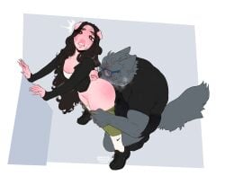 1boy 1girls anthro axel_(canisfamelicus) black_eyes black_hair blush canid canine cunnilingus domestic_dog female fur furry glasses grey_fur hi_res leaning_forward long_hair male mole moles nada_(nadacheruu) nadacheruulewd pants_down pink_body suina sus_(pig) teeth_clenched thick_eyebrows very_high_resolution