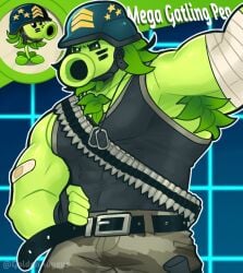 1boy abs anthro anthrofied armpit_hair armpits bandage bara belt black_belt black_gloves black_vest blue_background blue_helmet camouflage camouflage_pants cartoon clothed clothing digital_drawing_(artwork) digital_media_(artwork) dog_tags face_paint gatling_pea_(pvz) gay gloves goldenavyeus green_body green_eyes green_skin helmet humanoid leaf leaf_hair male male_only mega_gatling_pea_(pvz) military military_uniform muscles muscular muscular_anthro muscular_male pants plant plantie plants_vs_zombies plants_vs_zombies_2:_it's_about_time solo solo_focus solo_male yaoi