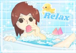 barefoot bath bathing bathroom bathtub black_eyes blush brown_hair bubble bubble_bath commentary completely_nude eating english_commentary english_text female food fruit glint holding holding_food holding_fruit in_bathtub indoors looking_at_viewer looking_to_the_side mii_(nintendo) mii_gunner mii_gunner_(smash_4) mob_face nintendo nose_blush nude parted_bangs partially_submerged relaxing rubber_duck shiny_skin solo sparkle tile_floor tile_wall tiles water watermelon wet zorrpu