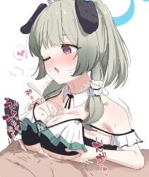 alternate_costume animal_ears blue_archive blue_halo blush breasts brown_eyes cum cum_on_body cum_on_breasts detached_collar dog_ears dog_girl female green_hair halo heart highres medium_breasts nayamy official_alternate_costume one_eye_closed paizuri simple_background spoken_heart sweat umika_(blue_archive) umika_(swimsuit)_(blue_archive)
