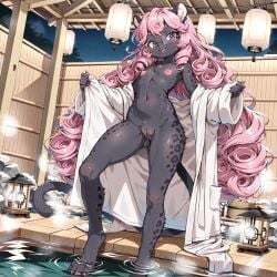 ai_generated armpits bathrobe belly_button black_fur curly_hair female flat_chest glasses gunsmith576 hot_spring innie_pussy lanterns legs_spread panther_ears panther_girl panther_humanoid panther_print panther_tail pink_hair purple_eyes pussy rocks small_ass thick_thighs