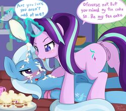 2017 anus blush cupcake cutie_mark darkpotzm dialogue duo english_text equine eye_contact female feral food friendship_is_magic horn inside kitchen magic mammal multicolored_hair my_little_pony pussy starlight_glimmer text trixie_(mlp) two_tone_hair unicorn