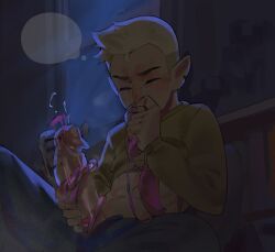 1boy abs big_penis blonde_hair blonde_hair_male hunter_(the_owl_house) male male_only masturbation mr._bingle negao panties_on_penis smelling_clothes solo the_owl_house