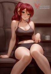 1girls 2d abs ai_generated ass big_ass big_breasts breasts cleavage erophoenix female female_focus full_body green_eyes looking_at_viewer navel patreon_username ponytail pyrrha_nikos red_hair rwby solo solo_female thick thick_thighs uncensored