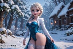 ai_generated artist_name blonde_hair blue_eyes blurry braid breasts cape cleavage disney disney_channel disney_princess dress earrings elsa_(frozen) female frozen frozen_(film) frozen_2 hair_over_shoulder highleg highleg_leotard jewelry leotard lips long_hair looking_at_viewer makeup medium_breasts outdoors patreon_username red_lips single_braid smile snow snowing solo strapless thighhighs tree web_address white_thighhighs winter xadrid