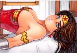 2025 ai_generated artist_name blue_eyes blush breasts brown_hair crazyfishbones female large_breasts long_hair looking_at_viewer lying solo wonder_woman