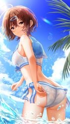 adjusting_clothes ahoge ass bare_arms bare_belly bare_legs bare_shoulders bare_thighs bikini blue_sailor_collar blush breasts brown_hair closed_mouth hairpin higuchi_madoka idolmaster idolmaster_shiny_colors medium_breasts midriff mole mole_under_eye nagmilk ocean outdoors purple_eyes sailor_collar short_hair sideboob thighs wading water white_bikini