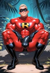 aged_up ai_art ai_generated arms_on_knees blonde_hair blue_eyes broad_shoulders bulge bulge_through_clothing dash_parr erection erection_under_clothes ginger_himboo hero_mask horny jungle latex_clothing latex_gloves latex_legwear latex_suit legs_spread male_only mask muscles muscles_through_clothes muscular muscular_abs muscular_arms muscular_chest muscular_legs muscular_male muscular_pecs muscular_pectorals muscular_shoulders muscular_thighs muscular_trap nipples_visible_through_clothing outside red_latex smirk superhero_costume sweating sweaty the_incredibles wide_shoulders wide_spread_legs
