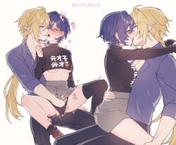 1boy artist_name belle_(zenless_zone_zero) black_panties black_pants black_shirt black_thighhighs blonde_hair blue_hair breasts ccxvi_201116 closed_eyes crossed_bangs female fingering french_kiss green_eyes grey_skirt hair_between_eyes half-closed_eyes hashtag-only_commentary heavy_breathing highres hugo_vlad kissing long_sleeves medium_breasts moaning open_mouth orange_socks panties pants purple_shirt shirt simple_background single_thighhigh skirt socks straight thighhighs twitching twitter_username underwear white_background zenless_zone_zero