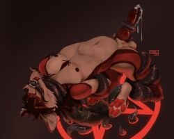 5:4 absurd_res animal_genitalia animal_penis anthro asphyxiation balls bodily_fluids canid canine canine_genitalia canine_penis choking claws cum cum_drip digital_drawing_(artwork) digital_media_(artwork) digitigrade dripping ejaculation erection esko_(eskofox) eskofox fox fur genital_fluids genitals hair hands_behind_back hi_res knot male mammal markings multicolored_body nipples nude open_mouth oral oral_penetration orgasm pawpads paws penetration penile penis red_body red_eyes red_fur restrained saliva simple_background solo stroking_penis summoning summoning_circle tail teeth tentacle tentacle_in_mouth tentacle_on_penis tentacle_penetration white_body white_fur worried