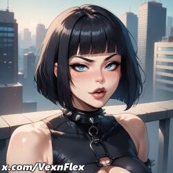 ai_generated bangs bare_shoulders black_hair blue_eyes blunt_bangs blush bob_cut breasts building city cityscape cleavage cleavage_cutout clothing_cutout collar female goth goth_girl hi_res high_resolution lily_(vexnflex) lips looking_at_viewer outdoors parted_lips short_hair solo spiked_collar spikes upper_body vexnflex watermark
