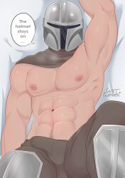 1boy abs alternate_version_at_source alternate_version_available bara barazoku boner boner_in_pants bulge bulge_through_clothing bulge_under_clothes din_djarin erection erection_under_clothes erection_under_clothing gay malesub mask masked masked_male no_shirt old_art pecs pinup shirtless shirtless_male six_pack star_wars submissive submissive_male the_mandalorian wetwasabi
