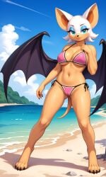 1girls 2025 ai_generated anthro bat beach big_breasts bikini blue_eyes breasts cameltoe curvy_figure digitigrade eyeshadow female female_only hi_res oblivious outdoors rouge_the_bat seaside sega smile sonic_(series) sonic_the_hedgehog_(series) white_fur wings