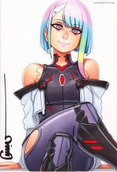 2025 ai_generated artist_name bare_shoulders blue_hair breasts crazyfishbones female looking_at_viewer lucy_(cyberpunk) multicolored_hair short_hair sitting smile solo