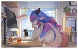 1girls anthro big_breasts blue_eyes border breasts clothed clothing detailed_background dragon female female_anthro female_only hair horn huge_breasts kemono lanya_(lcshian) lcshian lo-fi_beats_to_relax/study_to mythological_creature mythological_scalie mythology no_bra purple_hair reference scalie side_boob solo white_body white_border
