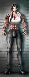 1futa abs big_breasts big_muscles black_hair breasts broad_shoulders buff bulge bulge_through_clothing bulge_under_clothes cleavage dopperx8 earrings full_body fully_clothed futa_only futanari handcuffs height_chart high_resolution highres intersex light-skinned_futa light_skin long_ears midriff mugshot muscular muscular_futa necklace pants pointy_ears red_eyes solo solo_futa standing tall tall_female tall_futa tank_top tattoo tattoo_on_arm tattooed_arm tattoos tight_clothes tight_pants veins veiny_arms veiny_muscles