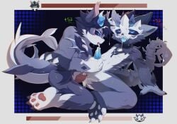 american_mythology anal anal_sex anthro arm_markings black_sclera blue_horn blue_penis blush bodily_fluids claws countershading cum cum_drip cum_from_mouth cum_in_ass cum_in_hair cum_in_mouth cum_inside cumshot dripping duo ear_tuft ejaculation energy_drain finger_claws fish gameplay_mechanics genital_fluids genitals gloves_(marking) gui hair hand_markings handjob handjob_while_penetrating health_bar heart_eyes heart_symbol hi_res horn indigenous_north_american_mythology kneeling leaning_on_hand leg_markings licking looking_at_another looking_at_partner male male/male marine markings mythology narrowed_eyebrows ningning north_american_mythology open_mouth open_smile oral pattern_background penetration penile penile_penetration penis penis_in_ass penis_lick red_penis sex shark simple_background skeletal_tail smile socks_(marking) toe_claws tongue tongue_out tuft wendigo white_body white_countershading