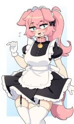 1girls blush collar commission dog_ears dog_girl embarrassed female female_only garter_straps gloves green_eyes hi_res j5daigada long_hair looking_at_viewer maid maid_uniform pink_hair ponytail solo tail thighhighs white_thighhighs