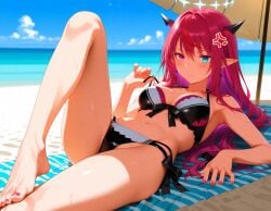 1girls ai_generated anger_vein barefoot beach beach_towel belly belly_button black_bikini blue_eyes halo hololive hololive_english horns irys_(hololive) knee_up long_hair navel on_back red_eyes red_hair thighs toes umbrella virtual_youtuber water