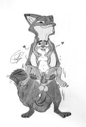 anthro balls black_and_white canine disney drawning duo erection female flat_chest fox judy_hopps lagomorph male mammal nick_wilde nude open_mouth penis pussy rabbit simple_background zootopia