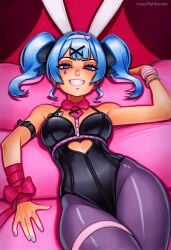 2025 ai_generated animal_ears artist_name blue_hair breasts crazyfishbones female hatsune_miku_(append) leotard lying playboy_bunny rabbit_ears solo twintails vocaloid