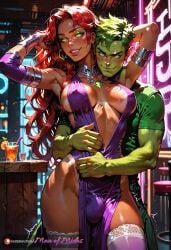 ai_generated bangs beast_boy beast_boy_(teen_titans) blush blush bulge_through_clothing bulge_under_clothes cleavage club couple couple_(romantic) dancing dickgirl flaccid flaccid_penis futanari glowing_eyes green_eyes green_eyeshadow large_breasts makeup male_on_futa manofmidas navel_piercing necklace nightclub penis_bulge purple_dress red_hair revealing_dress sideboob sleeves starfire starfire_(teen_titans) tanlines teen_titans thigh_highs