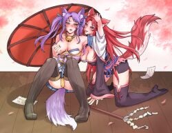 2girls animal_ears armpits bell bite_mark blue_eyes blush commission commissioner_upload embarrassed fox_ears fox_miko_(sakura_dungeon) fox_tail grabbing_another's_breast groping hand_on_another's_head highres illustkaki japanese_clothes kimono multiple_girls neck_bell non-web_source nontraditional_miko pink_hair purple_hair sakura_dungeon saliva saliva_trail sitting tail talisman tongue twintails umbrella yellow_eyes yomi_(sakura_dungeon) yuri