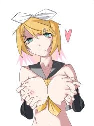 1girls 2d 2d_(artwork) 2d_artwork :> big_breasts big_breasts blush blush_lines breast_grab breast_squeeze breasts breasts breasts_out female female_focus female_only grabbing grabbing_breasts grabbing_own_breast headband kagamine_rin looking_at_viewer nipples sheorderednopickles short_hair simple_background smile smiling smiling_at_viewer solo solo_female solo_focus staring staring_at_viewer ts_pmo turquoise_eyes vocaloid white_background yellow_hair