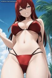 ai_generated animated animated ass_visible_through_thighs bangs bare_shoulders bikini blue_sky breasts cloud collarbone cowboy_shot dandanhub day female from_below grey_eyes grin hair_between_eyes large_breasts long_hair looking_at_viewer makise_kurisu multi-strapped_bikini navel outdoors palm_tree red_bikini red_hair skindentation sky smile solo steins;gate stomach string_bikini swimsuit thighs tree