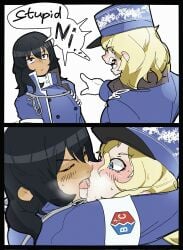 2girls andou_(girls_und_panzer) artist_request bc_freedom_military_uniform black_eyes black_hair blonde_hair blue_eyes blush blush_lines chocolate_and_vanilla closed_eyes dark-skinned_female dark_skin dialogue english_text female female/female female_focus female_only french_kiss french_kissing girls_und_panzer gloves hi_res high_resolution highres instant_loss instant_loss_2koma interracial kissing light-skinned_female light_skin long_hair making_out military_uniform oshida_(girls_und_panzer) racism saliva saliva_drip saliva_string saliva_trail slur steam steamy_breath surprise_kiss surprised surprised_expression text tongue tongue_kiss tongue_out uniform white_gloves yuri