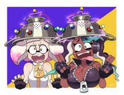 2girls antenna black_hair breasts cleavage double_v drool earrings electricity female female_focus female_only femsub fingerless_gloves gloves grey_hair inkling inkling_girl long_hair marina_(splatoon) megamallet mole multiple_girls multiple_subs nintendo octoling octoling_girl off_the_hook_(splatoon) open_mouth pain pearl_(splatoon) sharp_teeth short_hair signature simple_background smile splatoon splatoon_(series) symbol_in_eyes tagme tears tech_control unzipped_jacket v