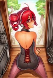 2025 ai_generated artist_name ass crazyfishbones drill_hair female from_behind kasane_teto_(sv) looking_back pantyhose red_eyes red_hair sitting solo
