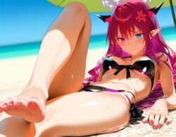 1girls ai_generated anger_vein barefoot beach belly belly_button black_bikini blue_eyes crossed_legs halo hololive hololive_english horns irys_(hololive) knee_up long_hair navel on_back red_eyes red_hair thighs toes umbrella virtual_youtuber water