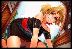 2025 ai_generated artist_name blonde_hair blue_eyes breasts crazyfishbones day female jewelry short_hair skirt smile solo temari temari_(naruto)