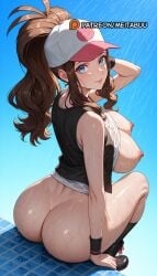 ai_generated alternate_breast_size ass back bare_shoulders baseball_cap black_footwear black_socks black_vest black_wristband blue_background blue_eyes blush boots bottomless breasts breasts_out brown_hair closed_mouth clothes_lift curly_hair female from_behind hair_through_headwear hat high_ponytail hilda_(pokemon) huge_ass large_breasts long_hair looking_at_viewer looking_back meitabuu nintendo nipples no_bra open_clothes open_vest patreon_username poke_ball_print pokemon ponytail shirt shirt_lift sidelocks sitting sleeveless sleeveless_shirt smile socks solo tank_top thighs twisted_torso vest wet wet_clothes wet_shirt white_shirt wristband